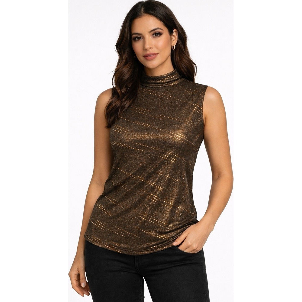 Laura Ashley Grunge Rocker Chic Indie Metallic Knit Tank Top Gold Black Size M